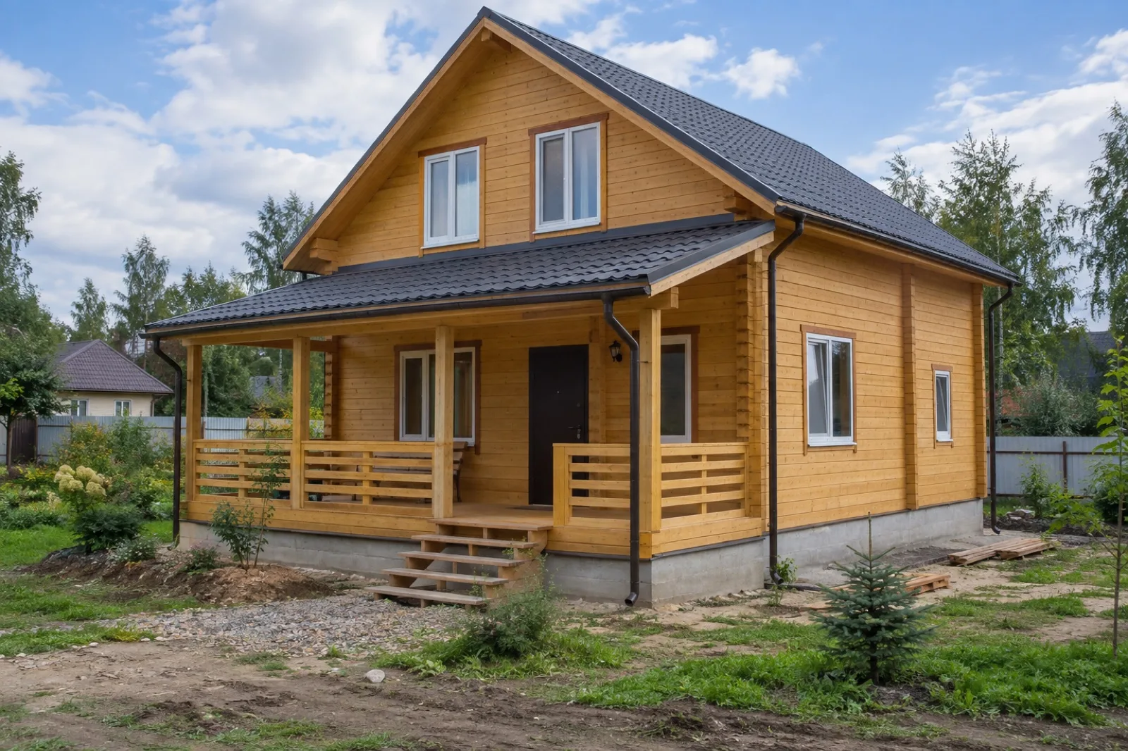 Двухэтажный дом из профилированного бруса с крыльцом